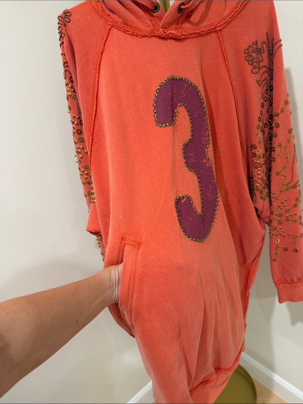We The Free Coral Orange Hoodie Sweater with Purple Patch - Picture 5 of 9